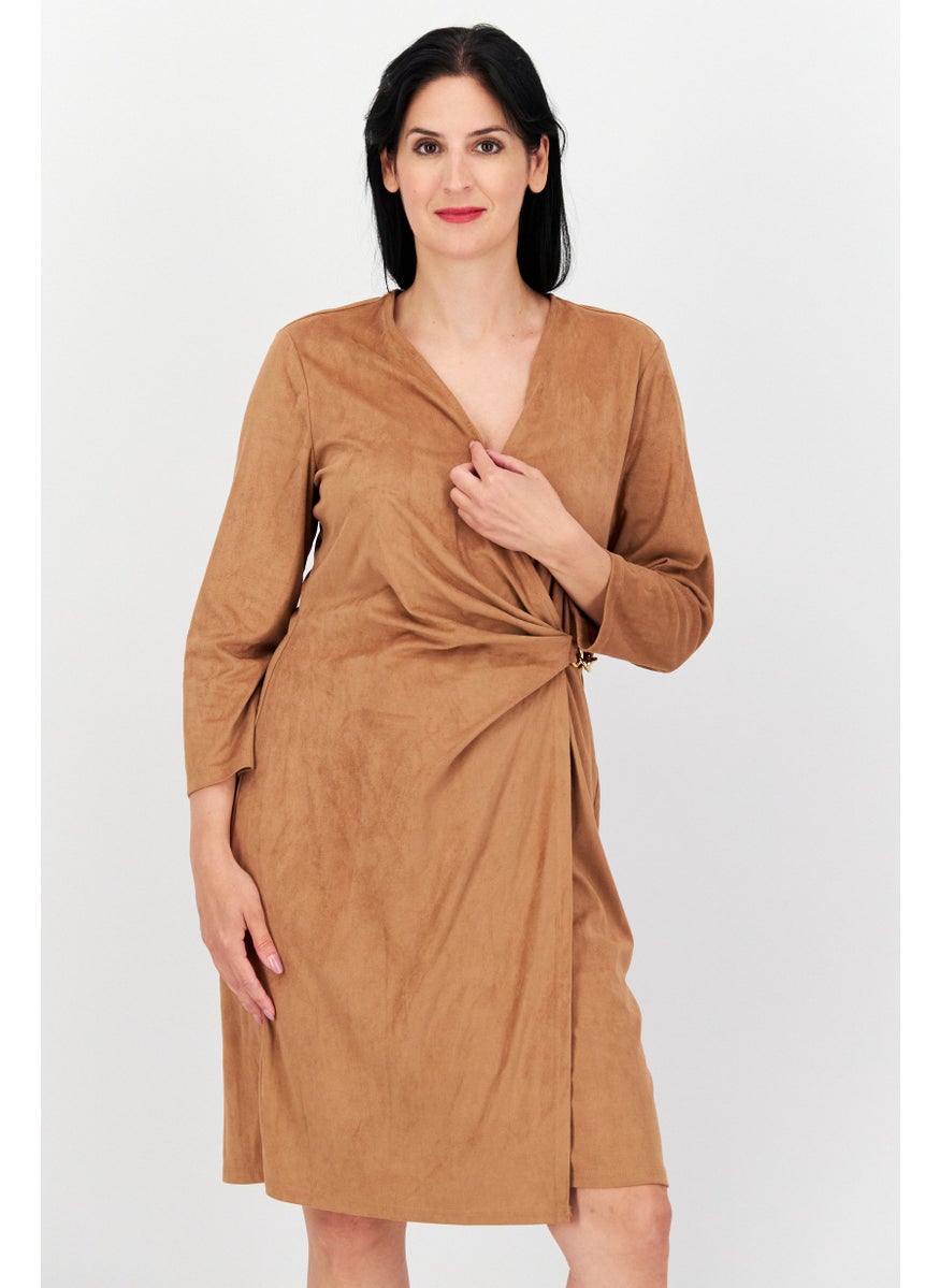Women Plain Wrap Dress, Brown