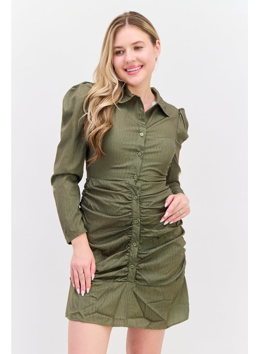 Women Petite Allover Printed Mini Dress, Khaki