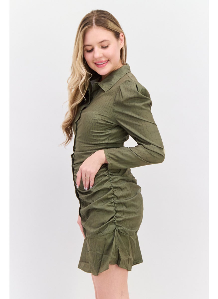 Women Petite Allover Printed Mini Dress, Khaki