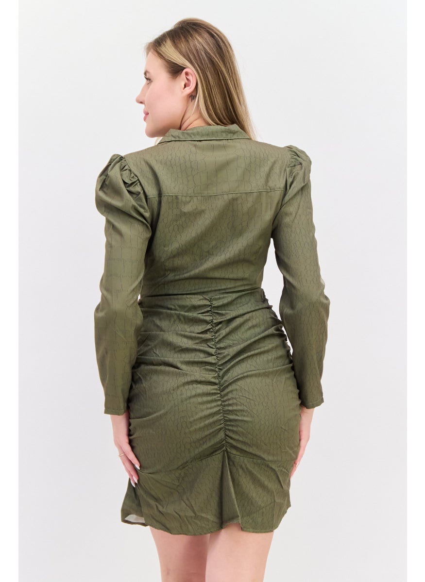 Women Petite Allover Printed Mini Dress, Khaki