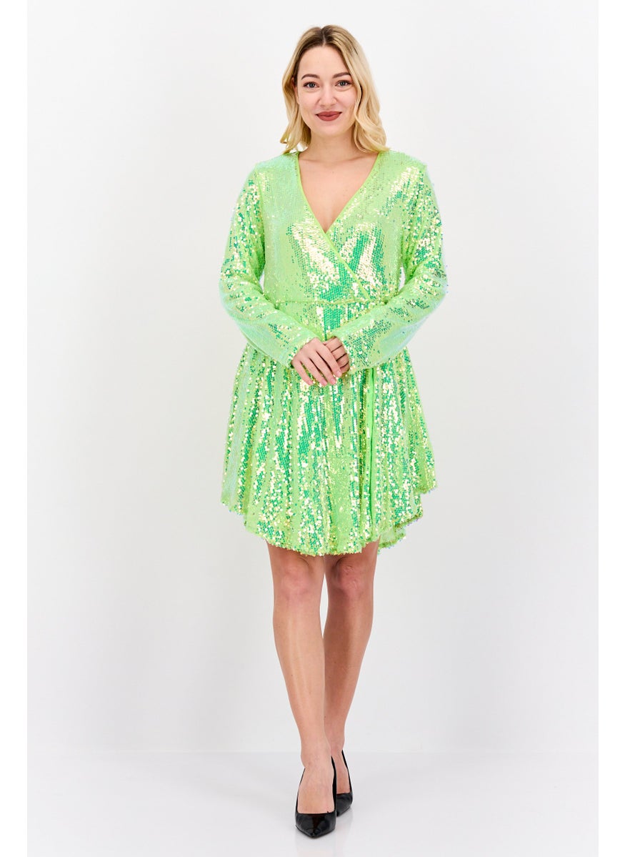 Women Embellished Mini Dress, Lime Green