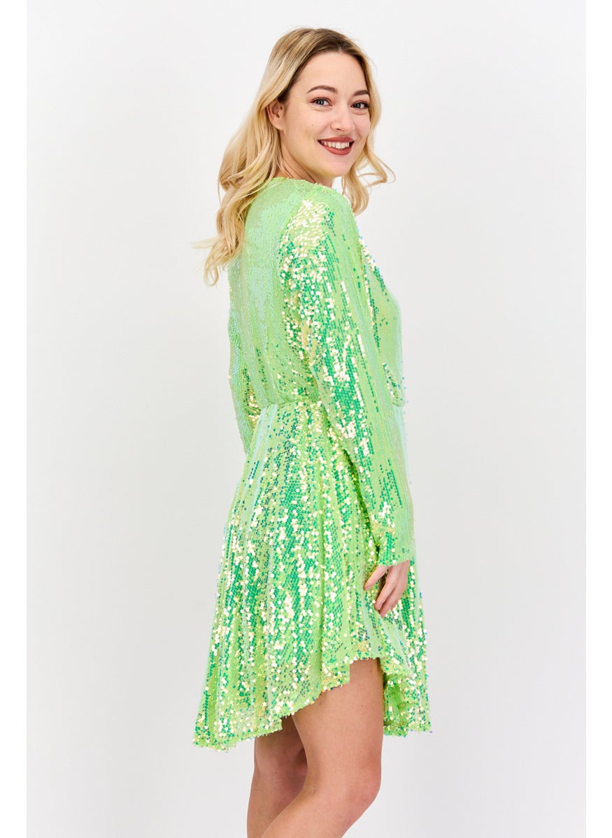 Women Embellished Mini Dress, Lime Green