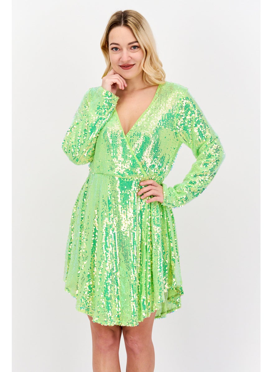 Women Embellished Mini Dress, Lime Green