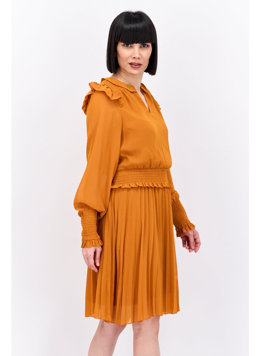 Women Pleated Midi Dress, Brown