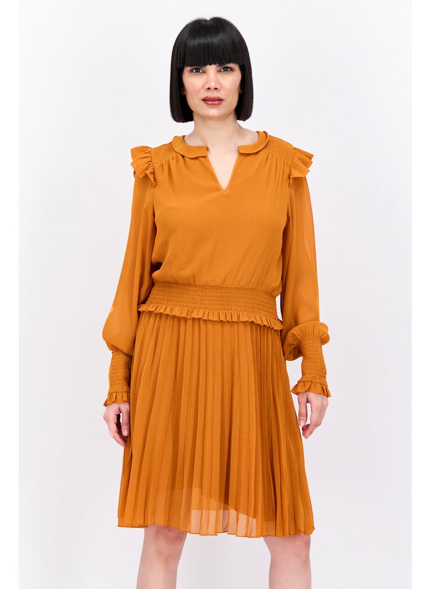 Women Pleated Midi Dress, Brown