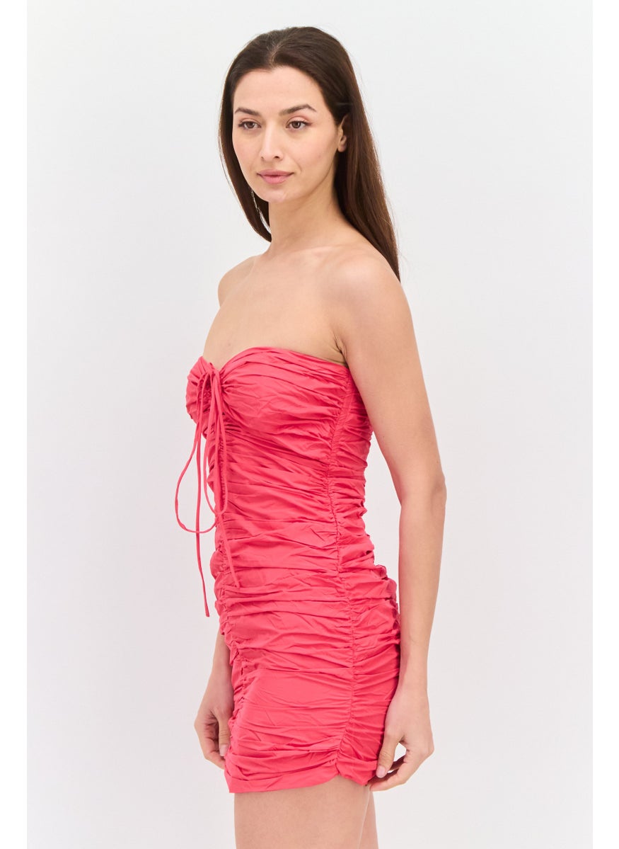 Women Ruched Strapless Mini Dress, Pink
