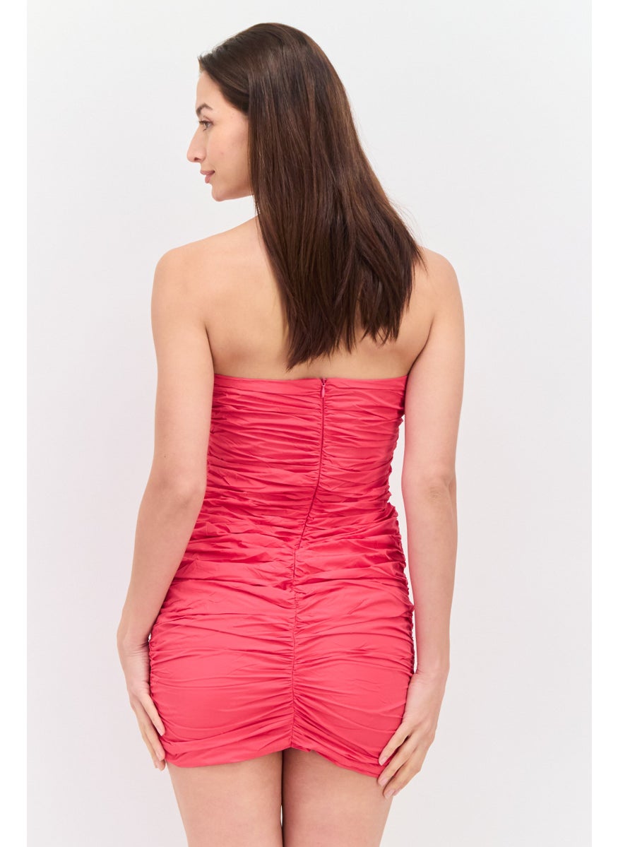 Women Ruched Strapless Mini Dress, Pink
