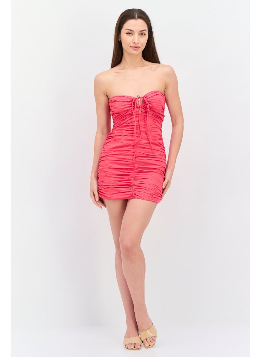 Women Ruched Strapless Mini Dress, Pink