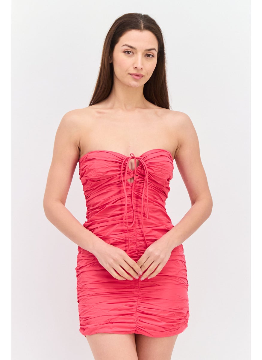 Women Ruched Strapless Mini Dress, Pink
