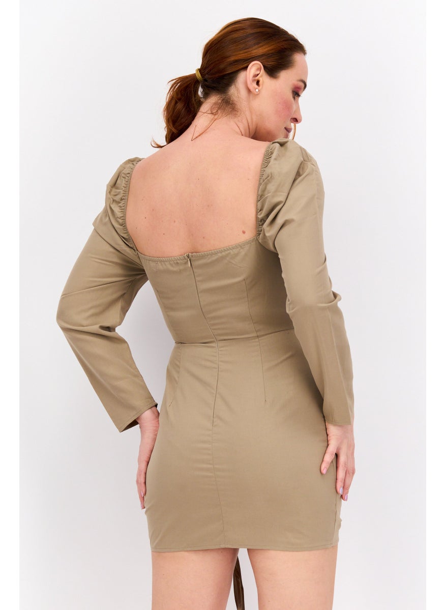 Women Petite Solid Mini Casual Dress, Khaki