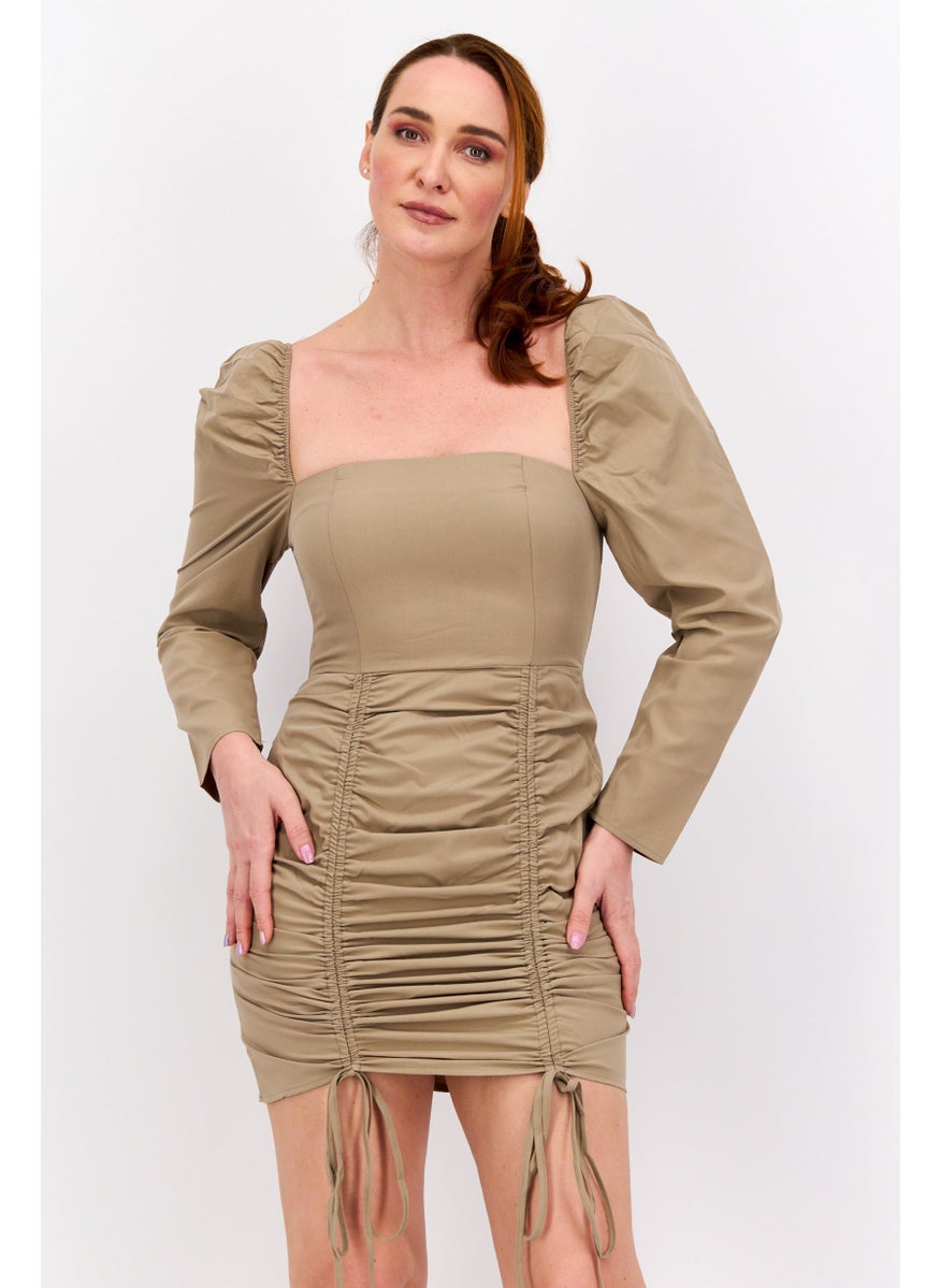 Women Petite Solid Mini Casual Dress, Khaki