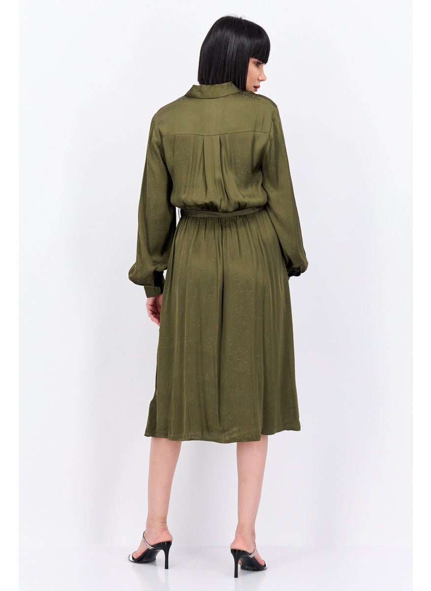 Women Textured Belted Shirt Dress, Olive