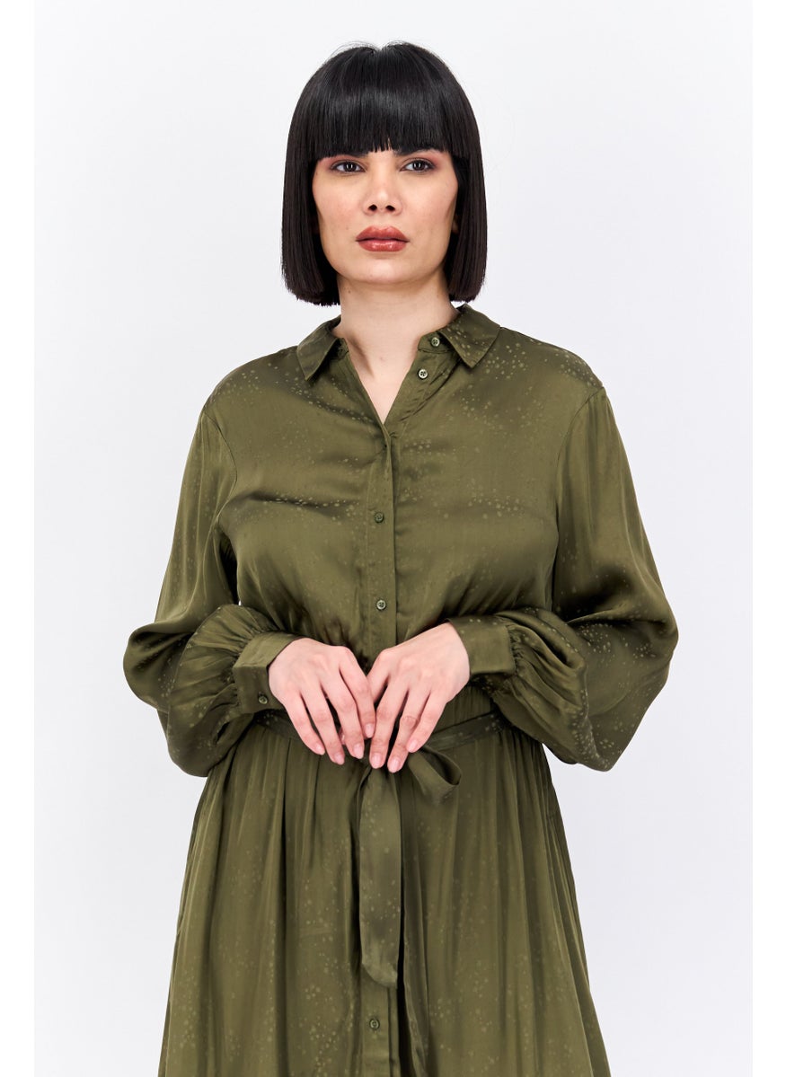 Women Textured Belted Shirt Dress, Olive