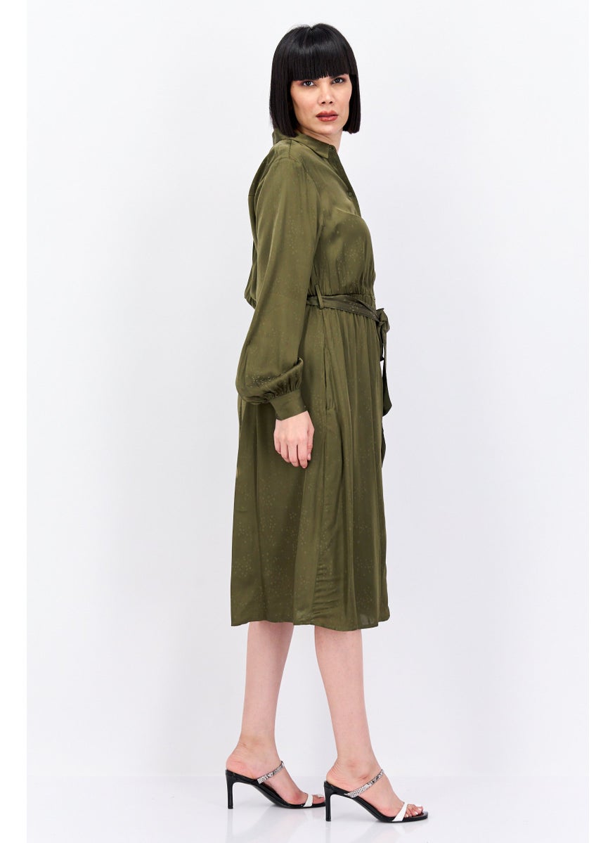 Women Textured Belted Shirt Dress, Olive