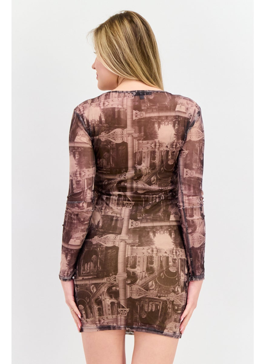 Women Allover Printed Mesh Mini Dress, Black