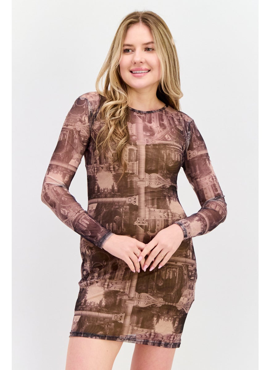 Women Allover Printed Mesh Mini Dress, Black