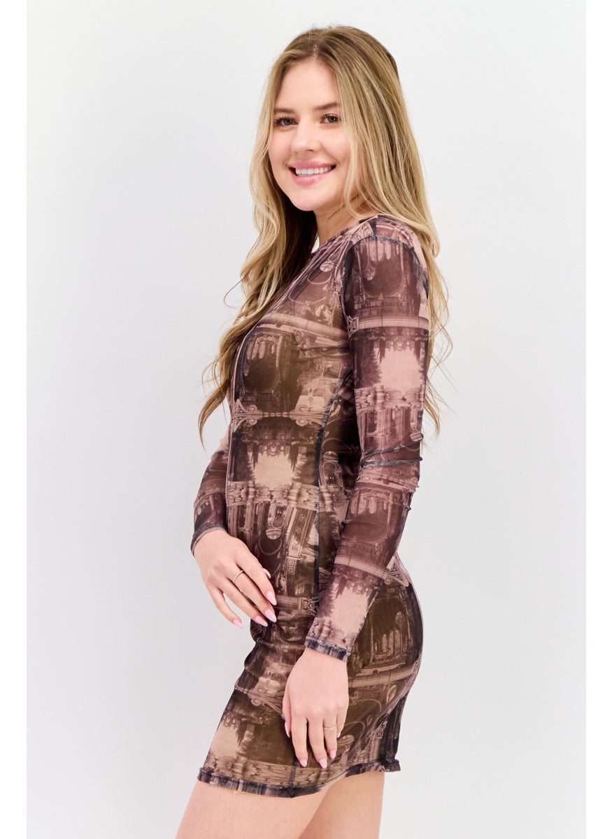 Women Allover Printed Mesh Mini Dress, Black