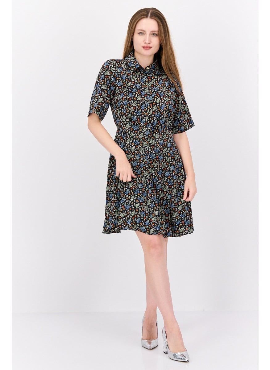 Women Floral Print Mini Dress, Black Combo