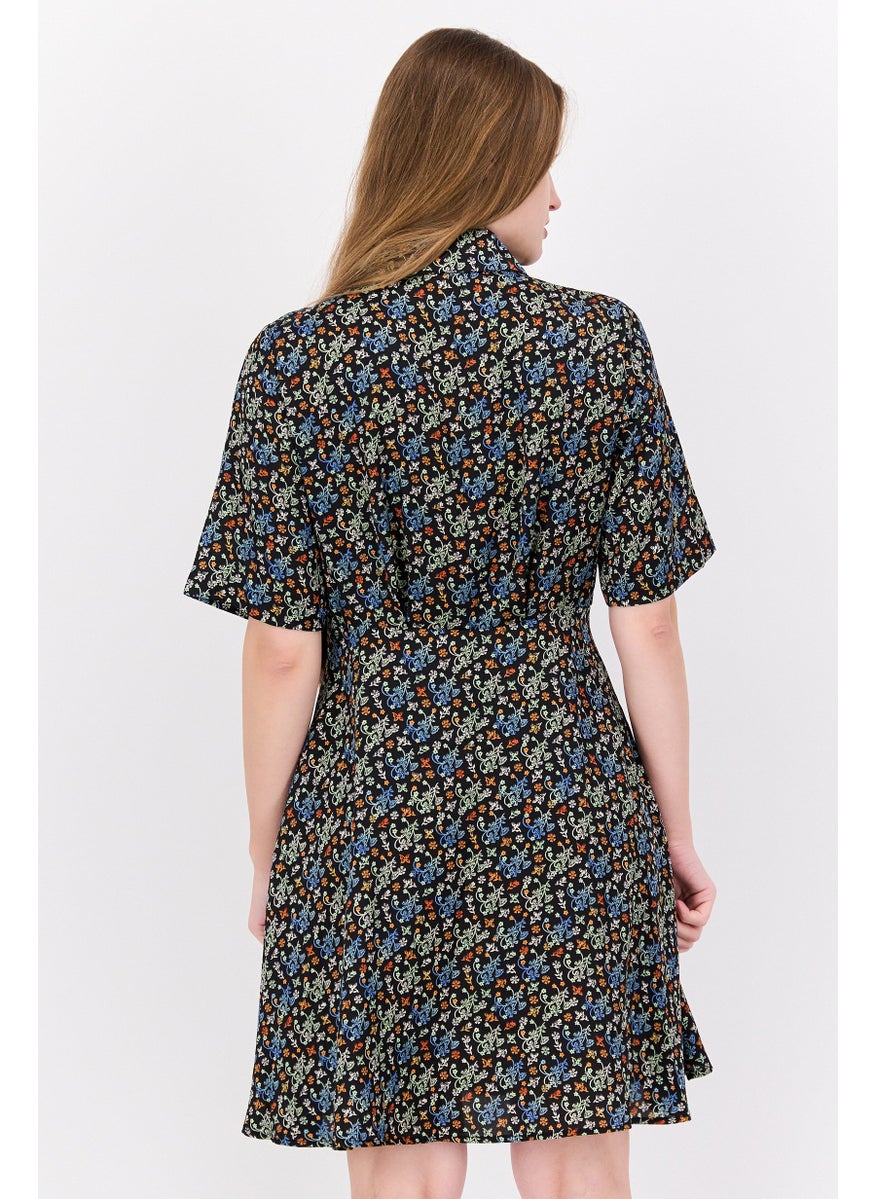 Women Floral Print Mini Dress, Black Combo