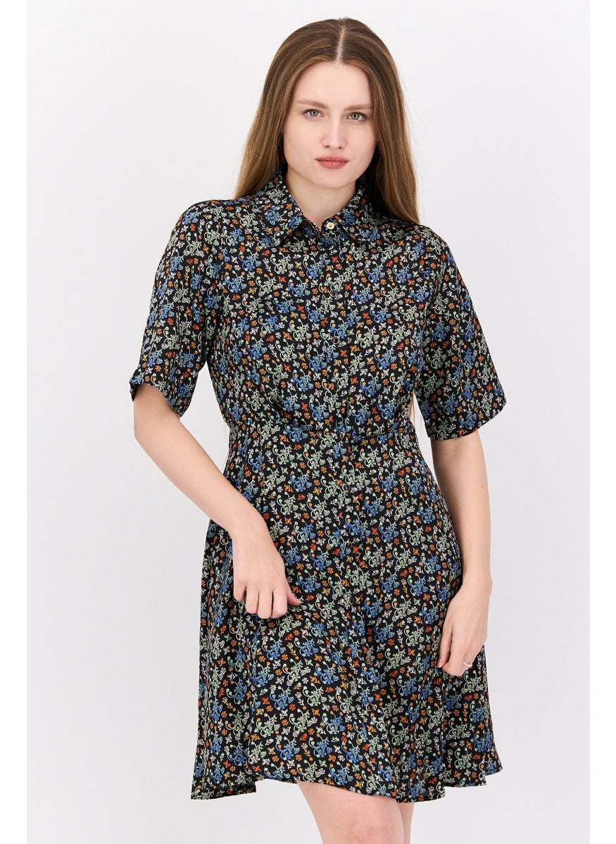 Women Floral Print Mini Dress, Black Combo