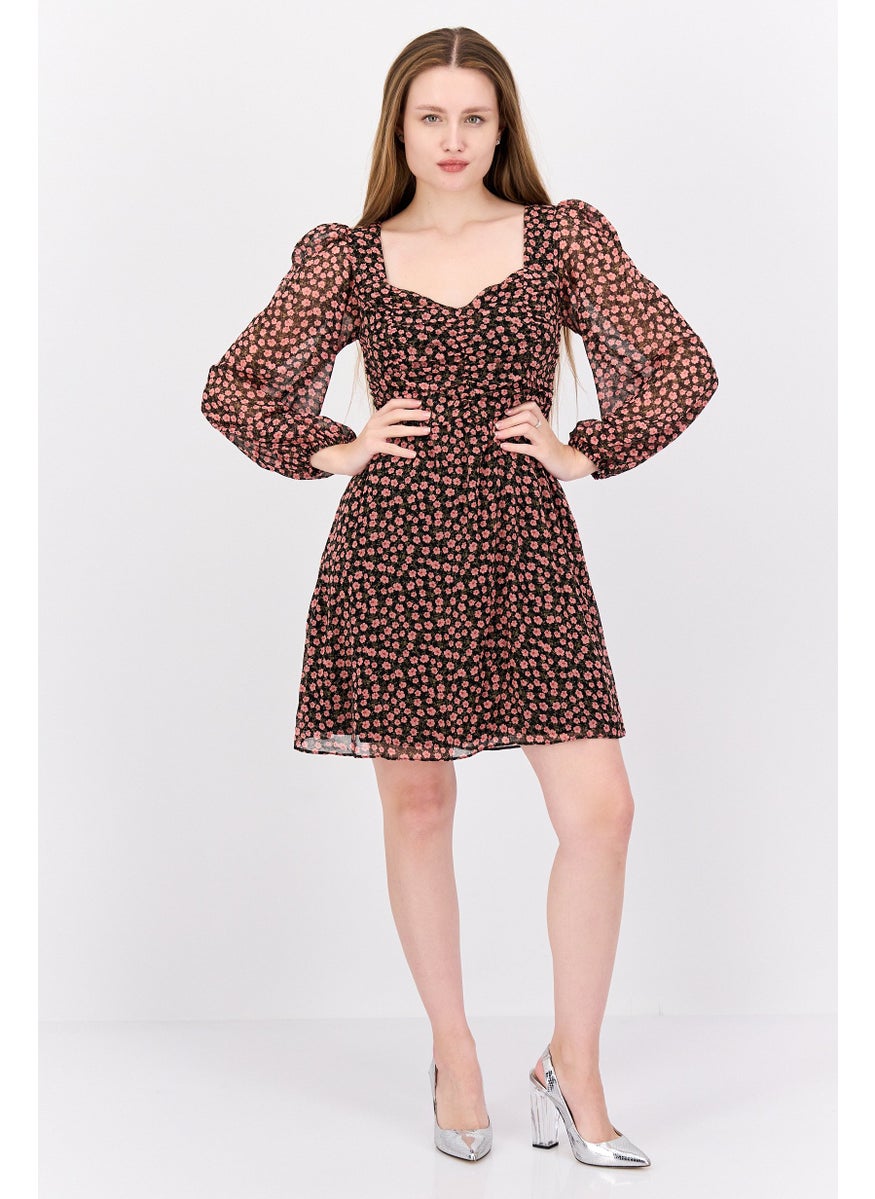 Women Floral Print Mini Dress, Black Combo