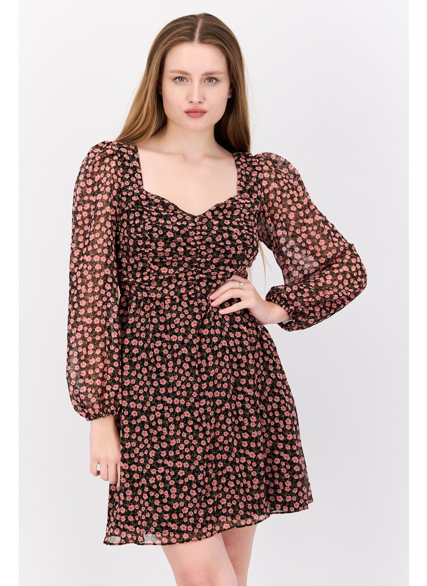Women Floral Print Mini Dress, Black Combo