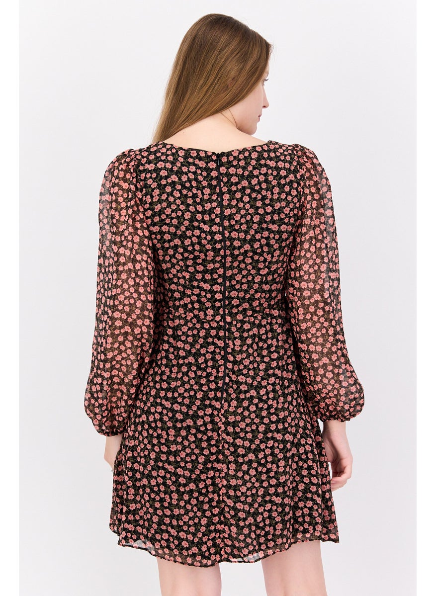 Women Floral Print Mini Dress, Black Combo