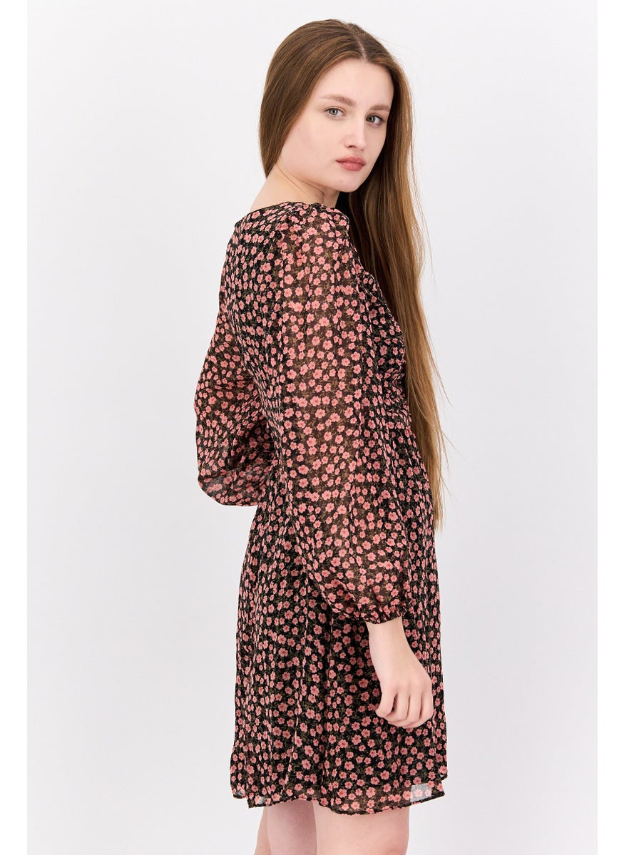 Women Floral Print Mini Dress, Black Combo