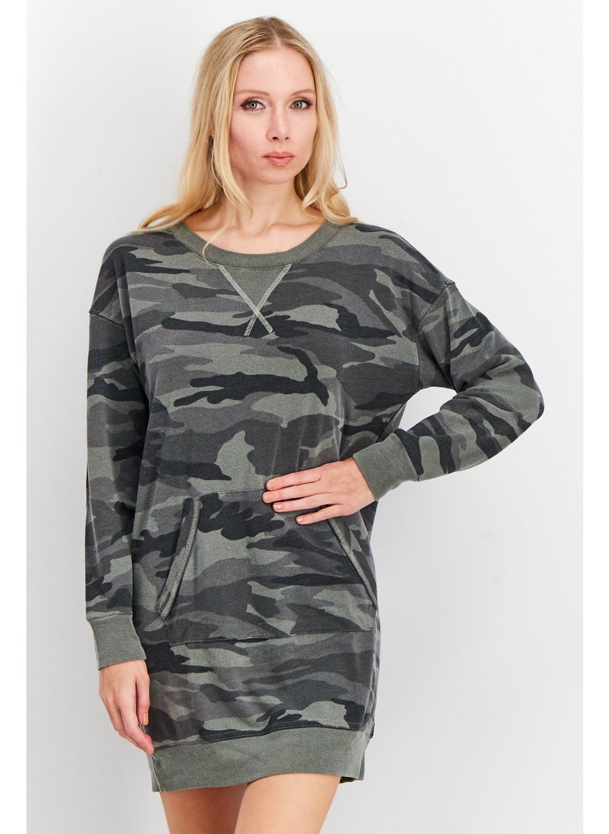Women Camouflage Long Sleeves Sweatshirt Dress, Grey
