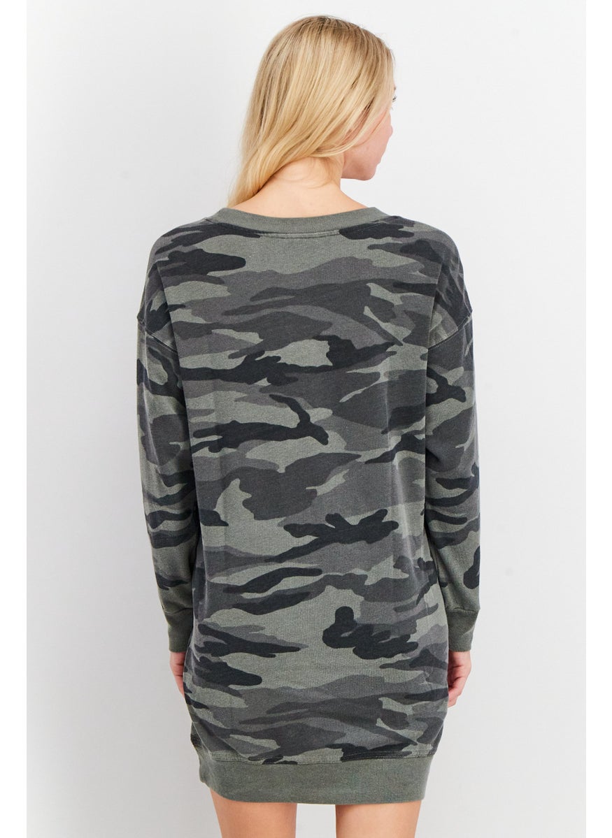 Women Camouflage Long Sleeves Sweatshirt Dress, Grey