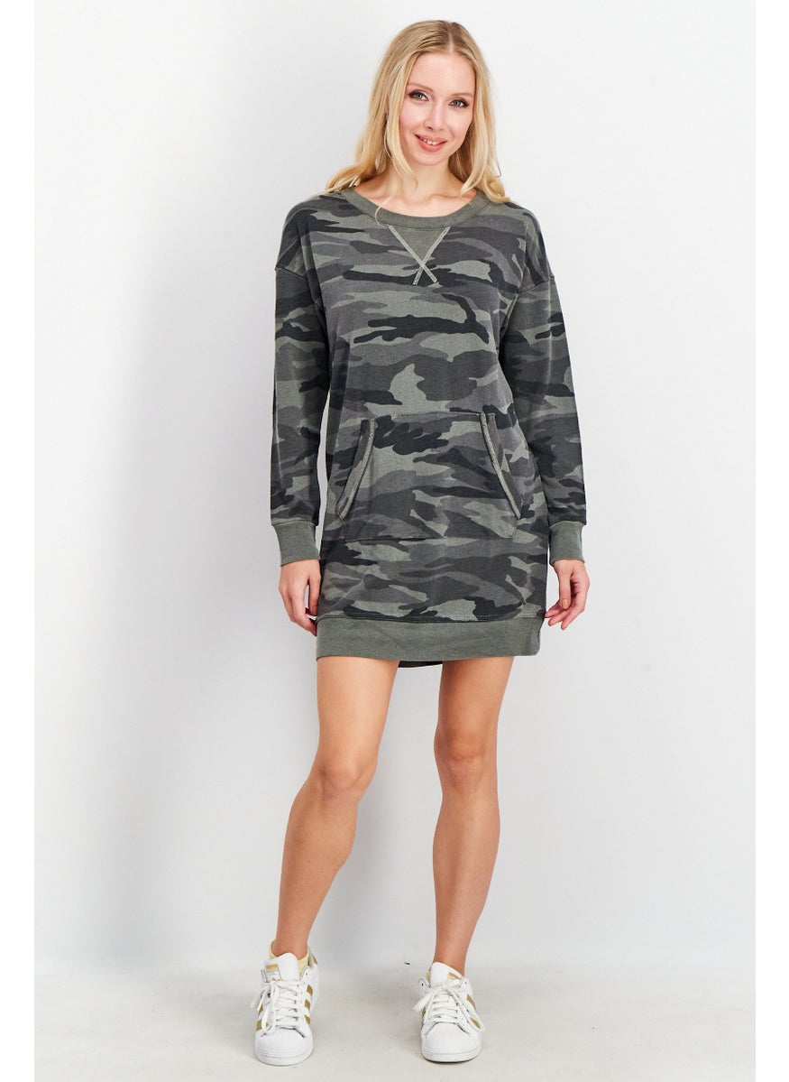 Women Camouflage Long Sleeves Sweatshirt Dress, Grey