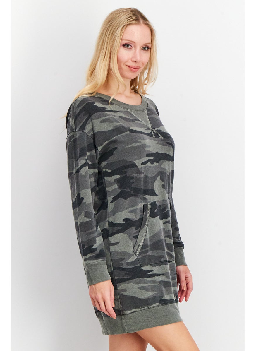 Women Camouflage Long Sleeves Sweatshirt Dress, Grey