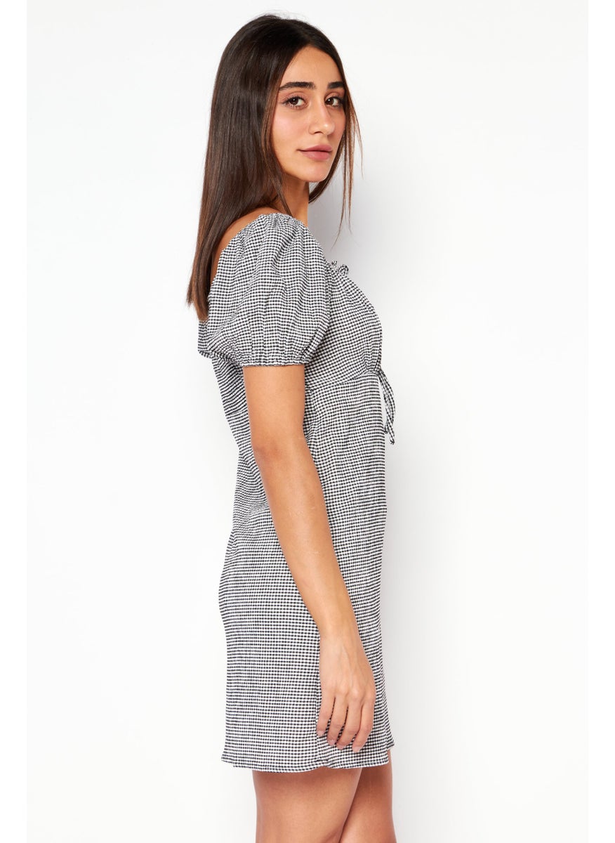 Women Boat Neck Short Sleeves Mini Dress, Black