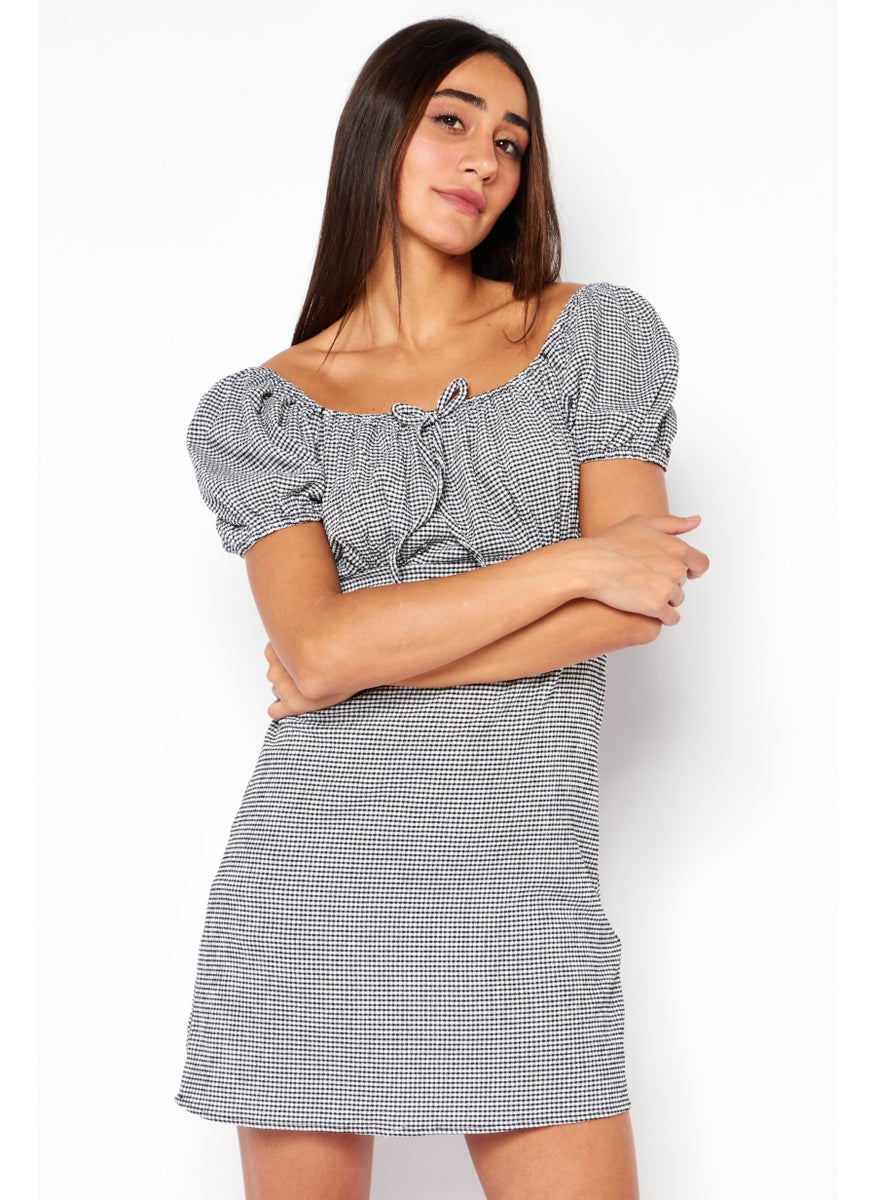 Women Boat Neck Short Sleeves Mini Dress, Black