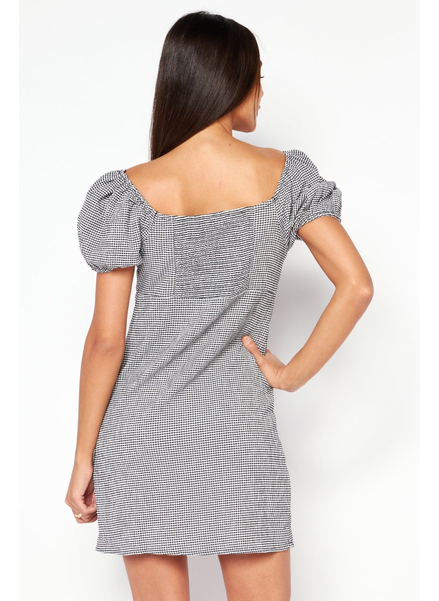 Women Boat Neck Short Sleeves Mini Dress, Black