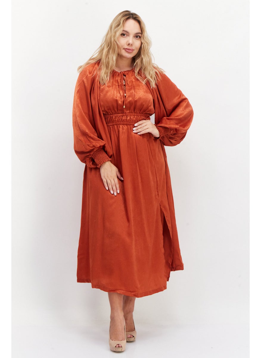 Women Solid Midi Dress, Brown
