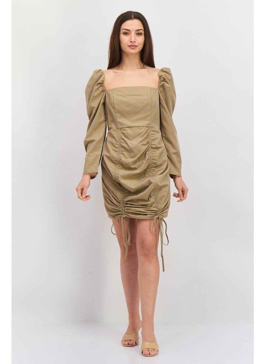 Women Petite Ruched Mini Dress, Khaki