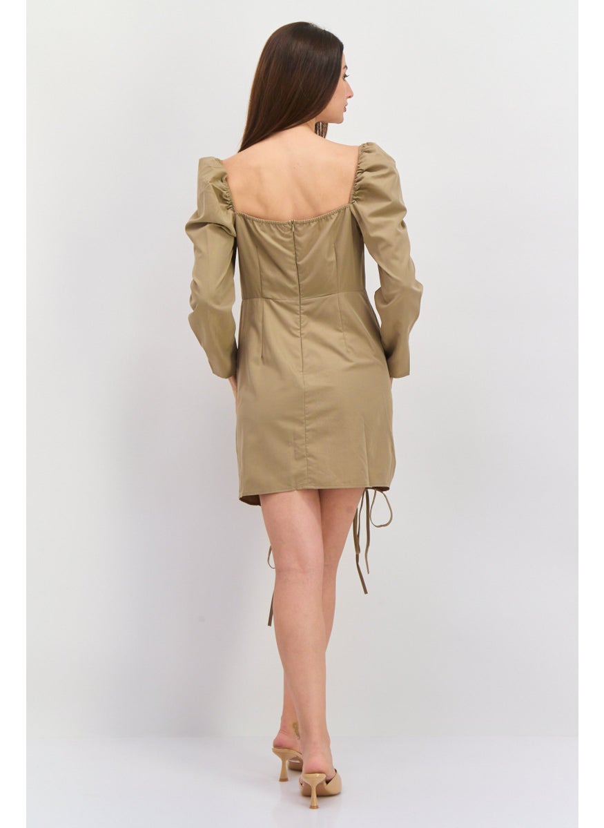 Women Petite Ruched Mini Dress, Khaki