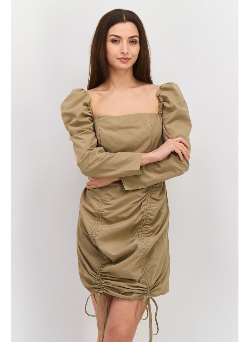Women Petite Ruched Mini Dress, Khaki