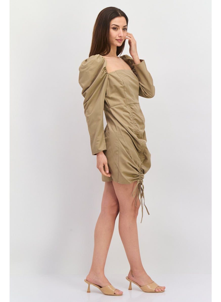 Women Petite Ruched Mini Dress, Khaki