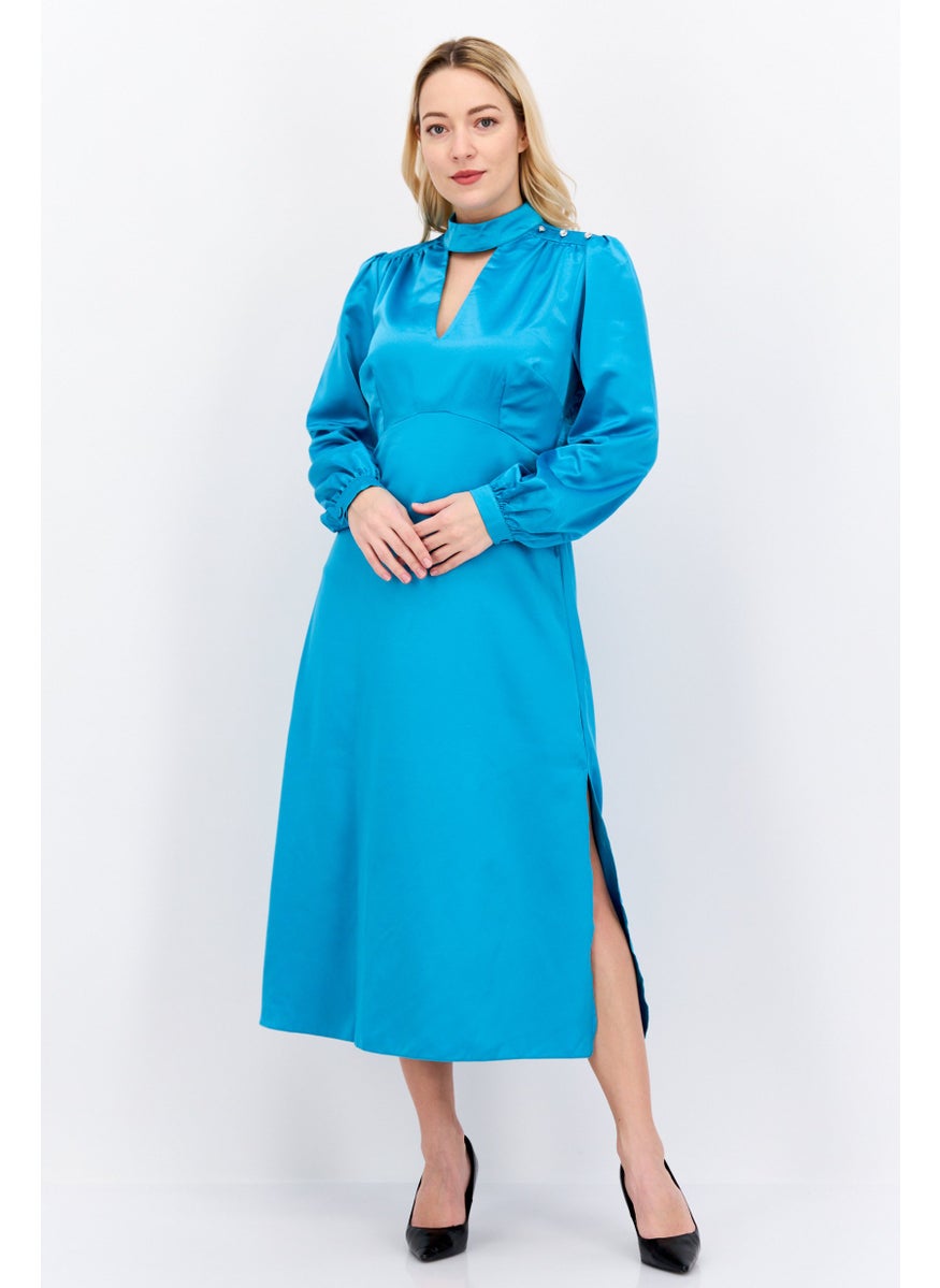 Women Solid Midi Dress, Teal Blue