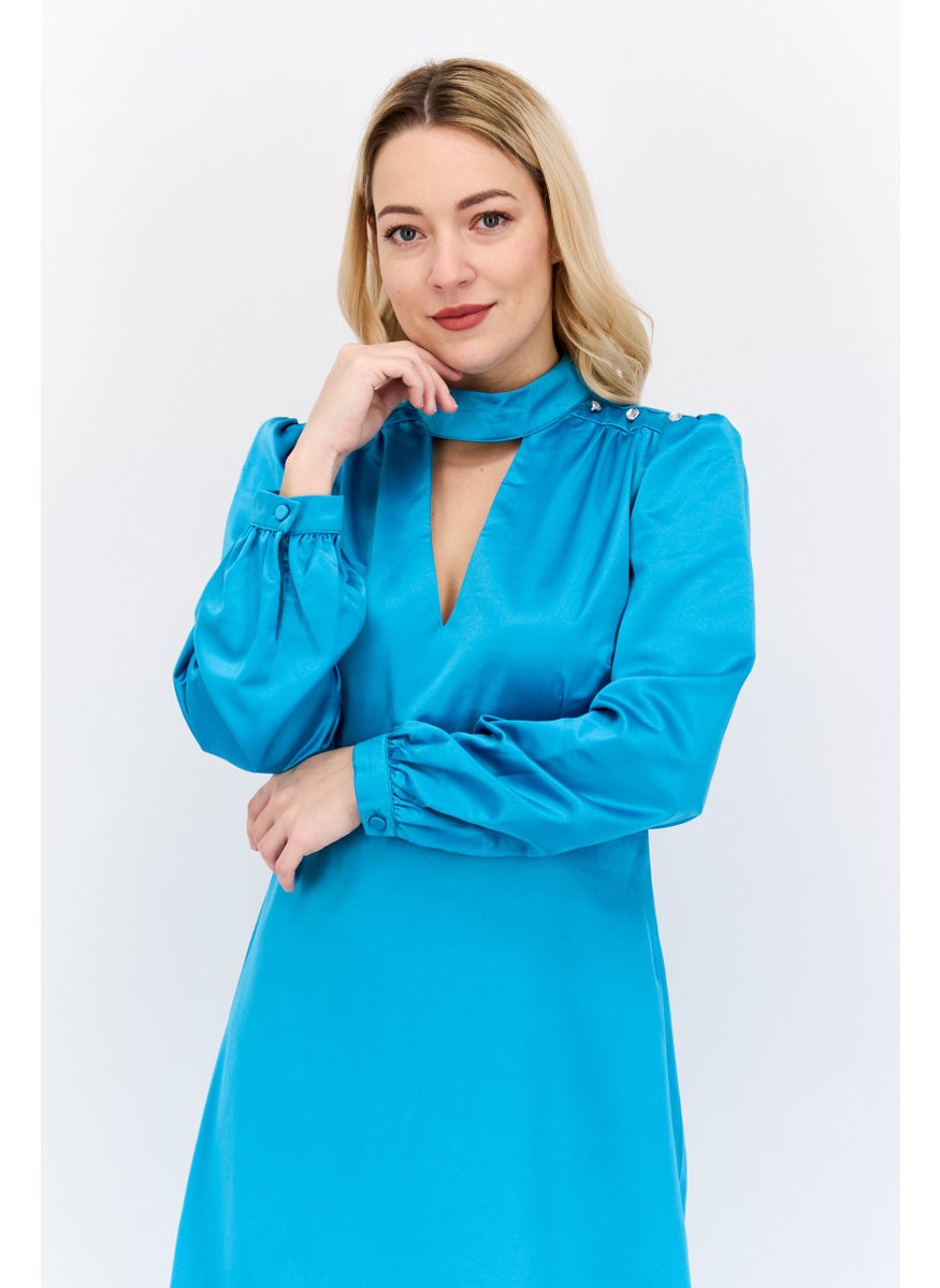 Women Solid Midi Dress, Teal Blue