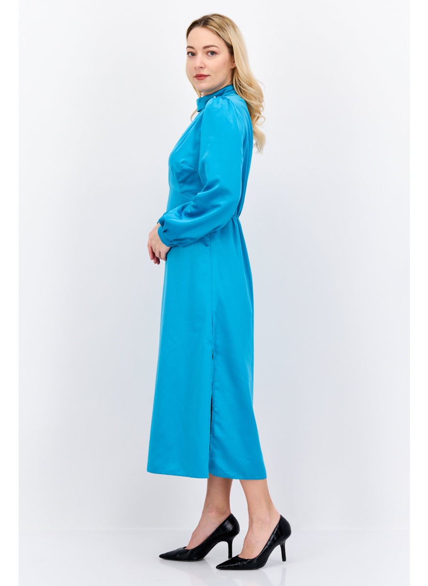Women Solid Midi Dress, Teal Blue
