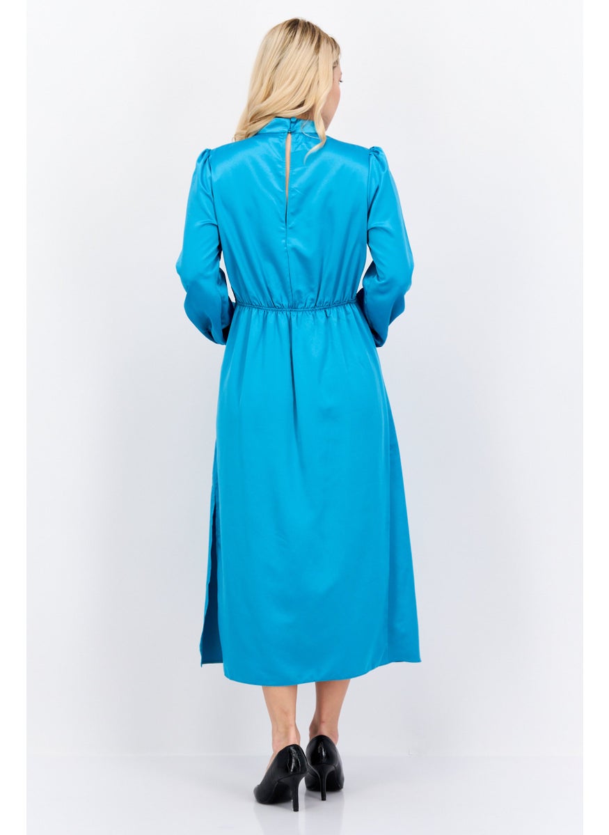 Women Solid Midi Dress, Teal Blue