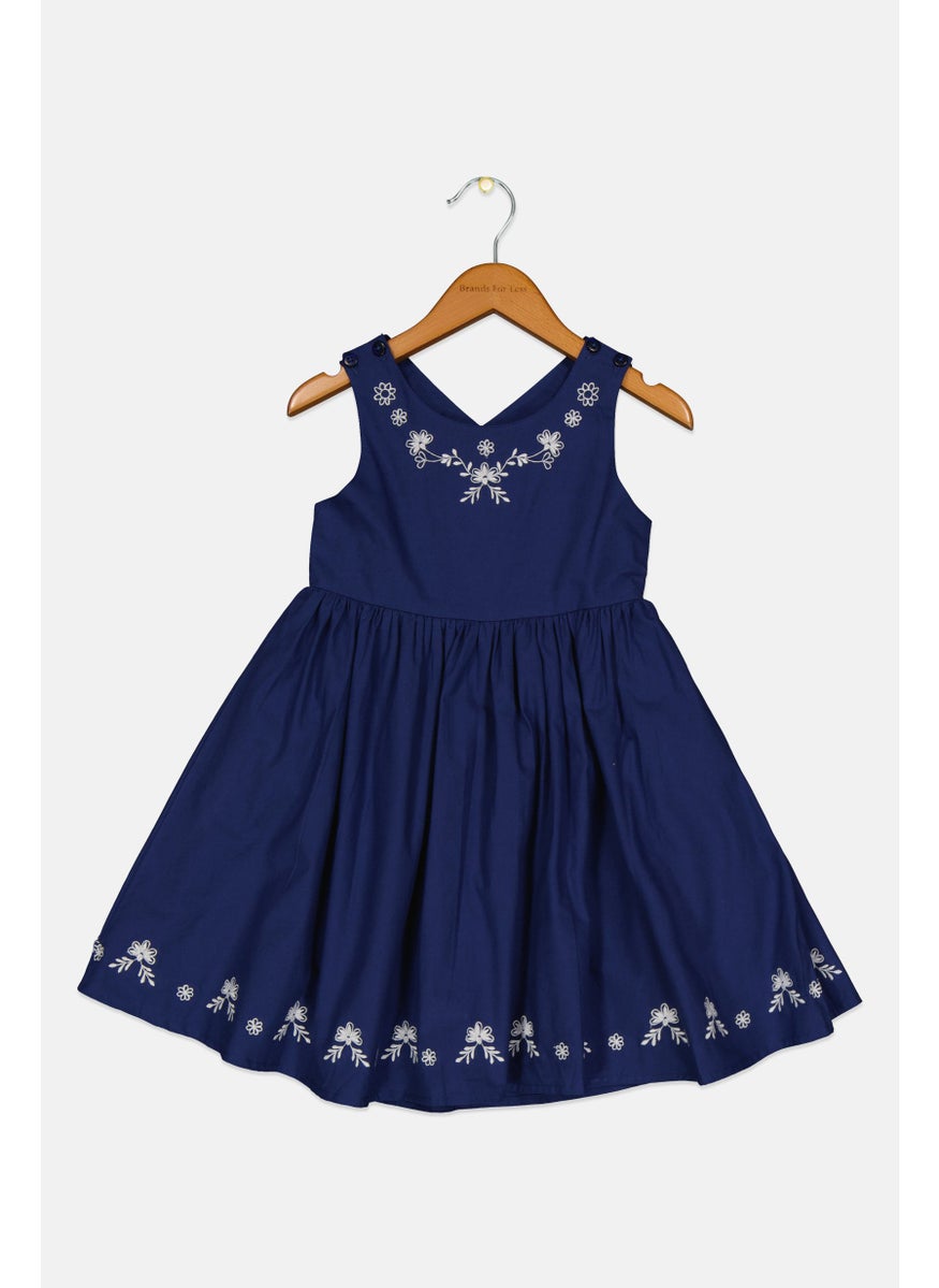 Kids Girl Round Neck Sleeveless Embroidered Dress, Navy