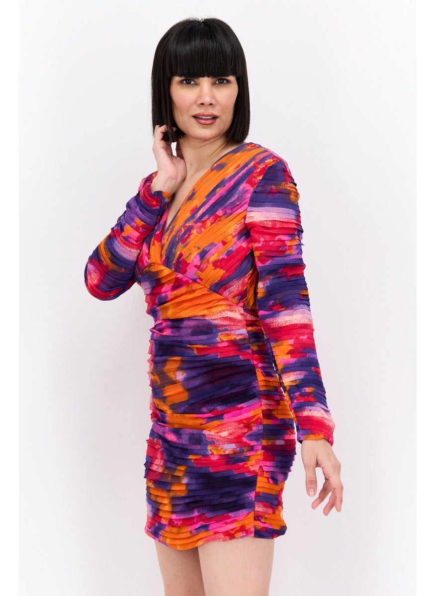 Women Printed Ruched Mini Dress, Orange Combo