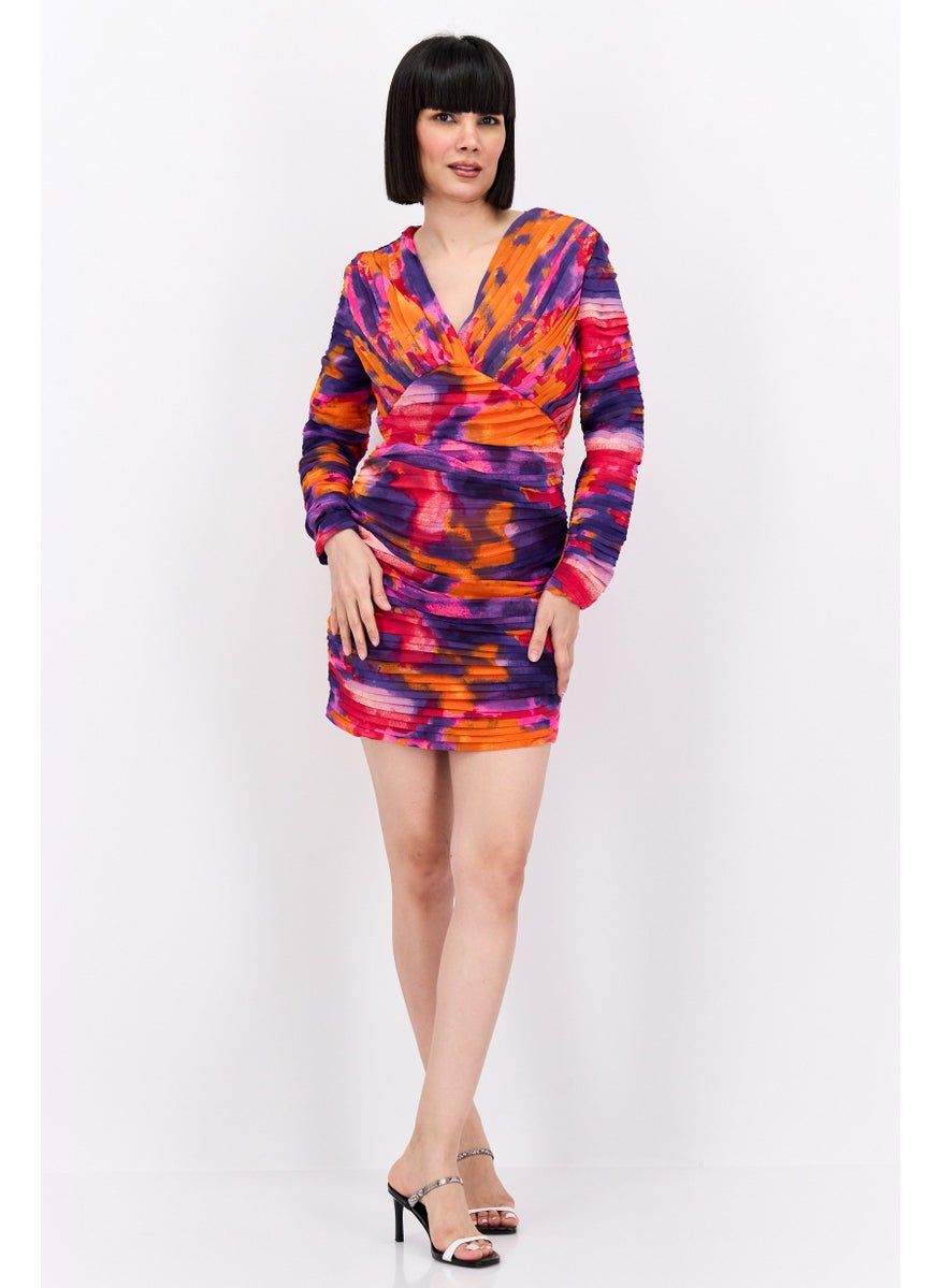 Women Printed Ruched Mini Dress, Orange Combo