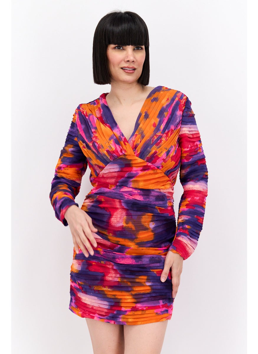 Women Printed Ruched Mini Dress, Orange Combo