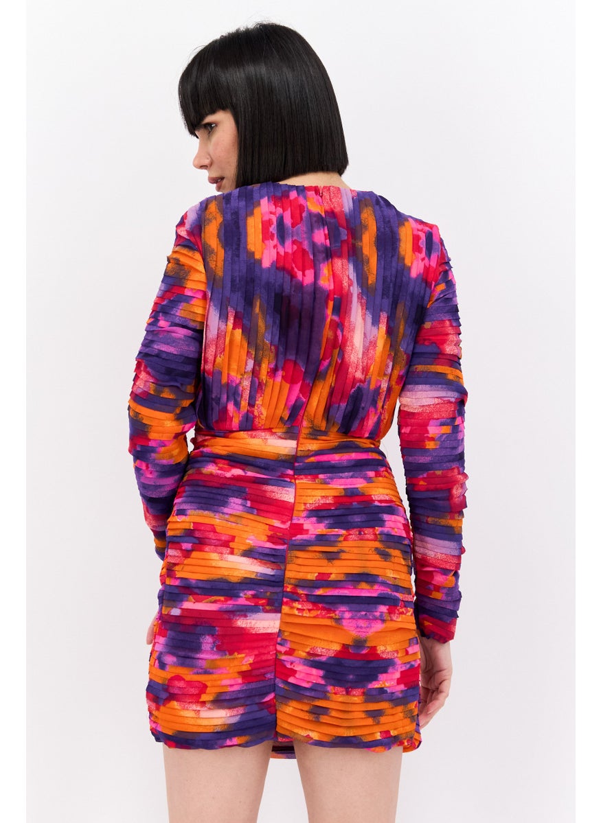 Women Printed Ruched Mini Dress, Orange Combo