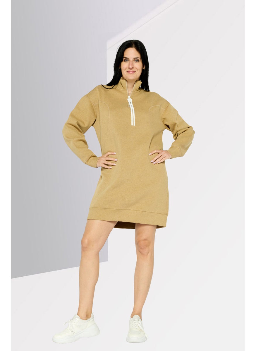 Women Textured Long Sleeve Sweater Dress, Dark Beige